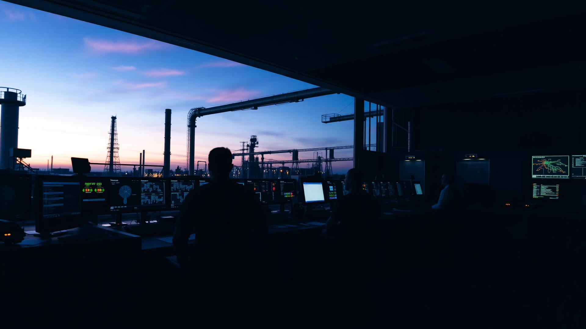 Energy operations control room at dusk