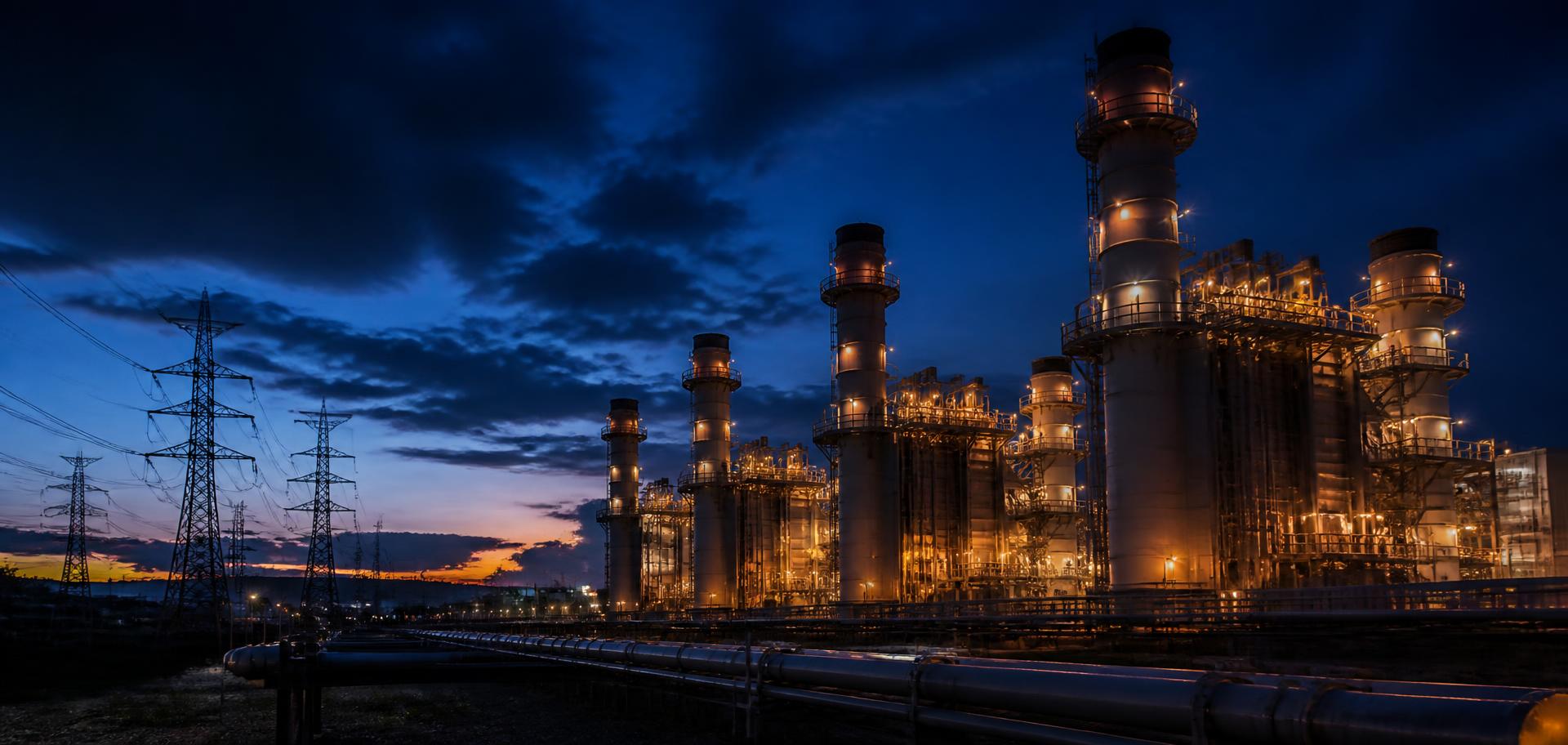Industrial power generation facility illuminated at dusk