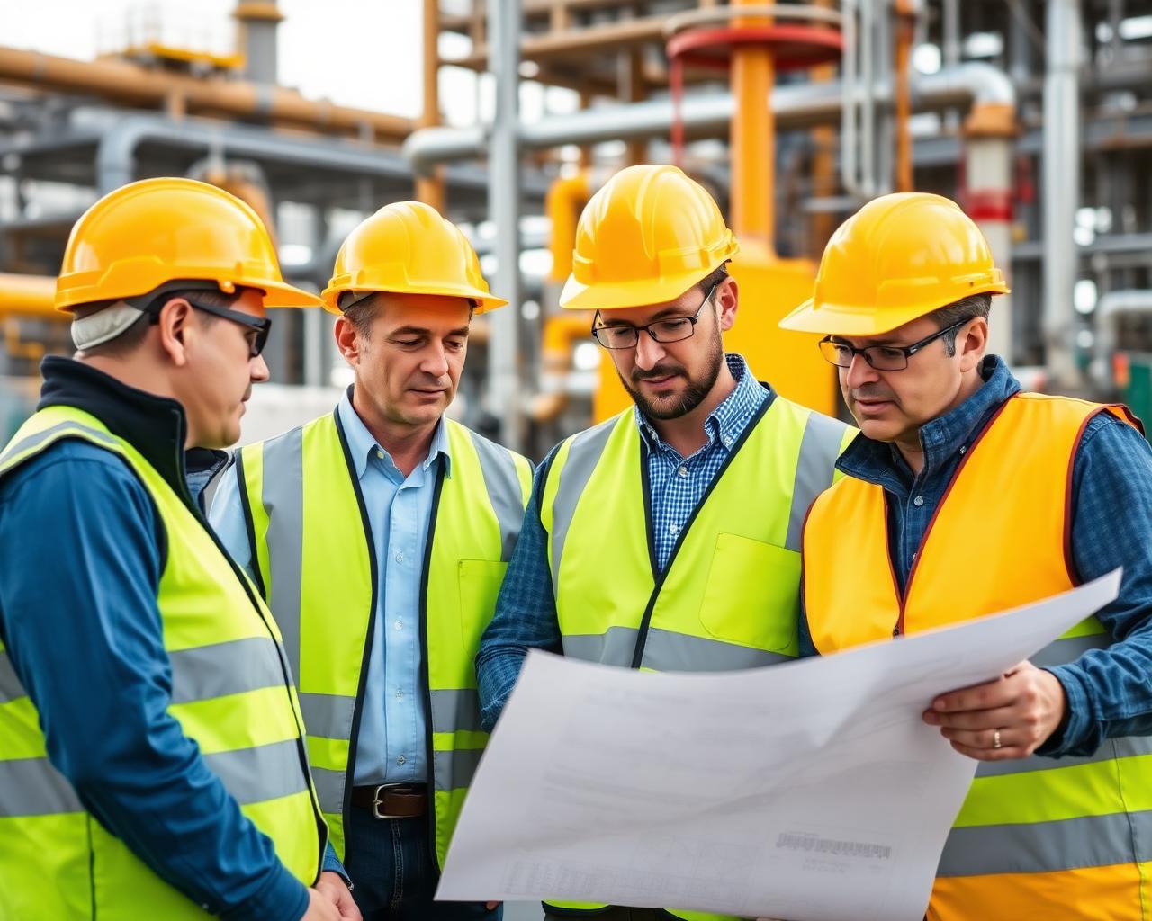 Specialized engineering team reviewing plans at an industrial facility
