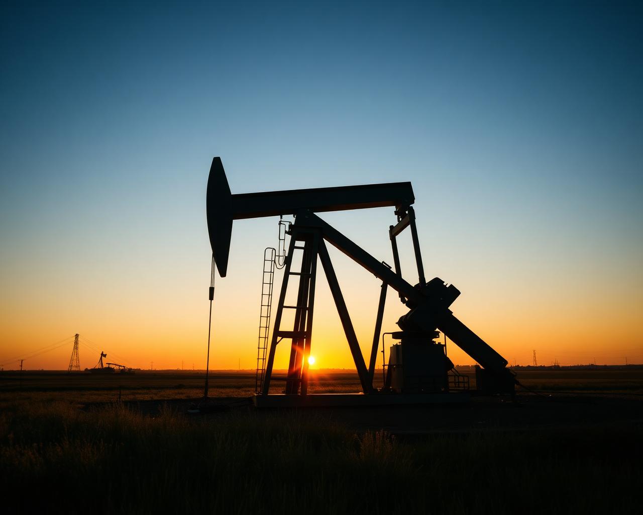 Oil well pumpjack operating at sunrise in the field