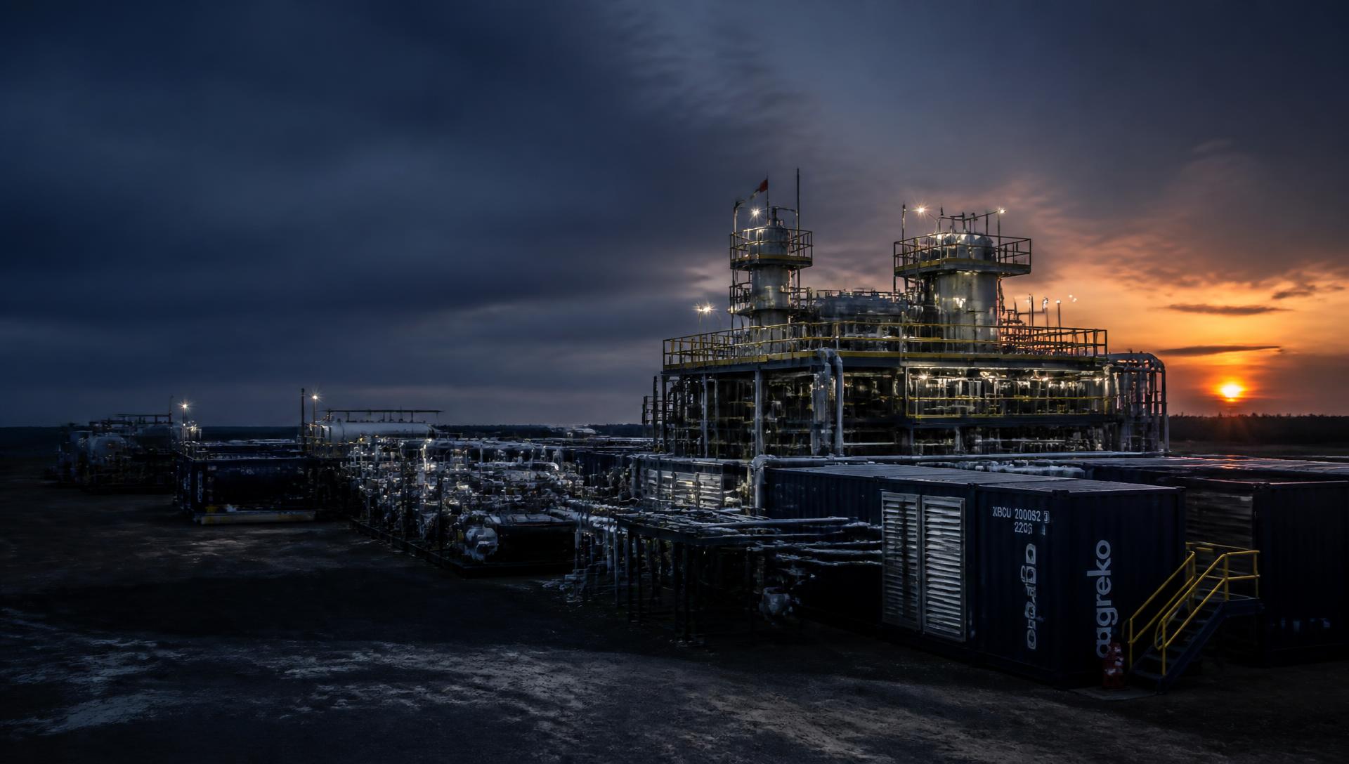 Modular oil and gas production facility with generation containers at dusk