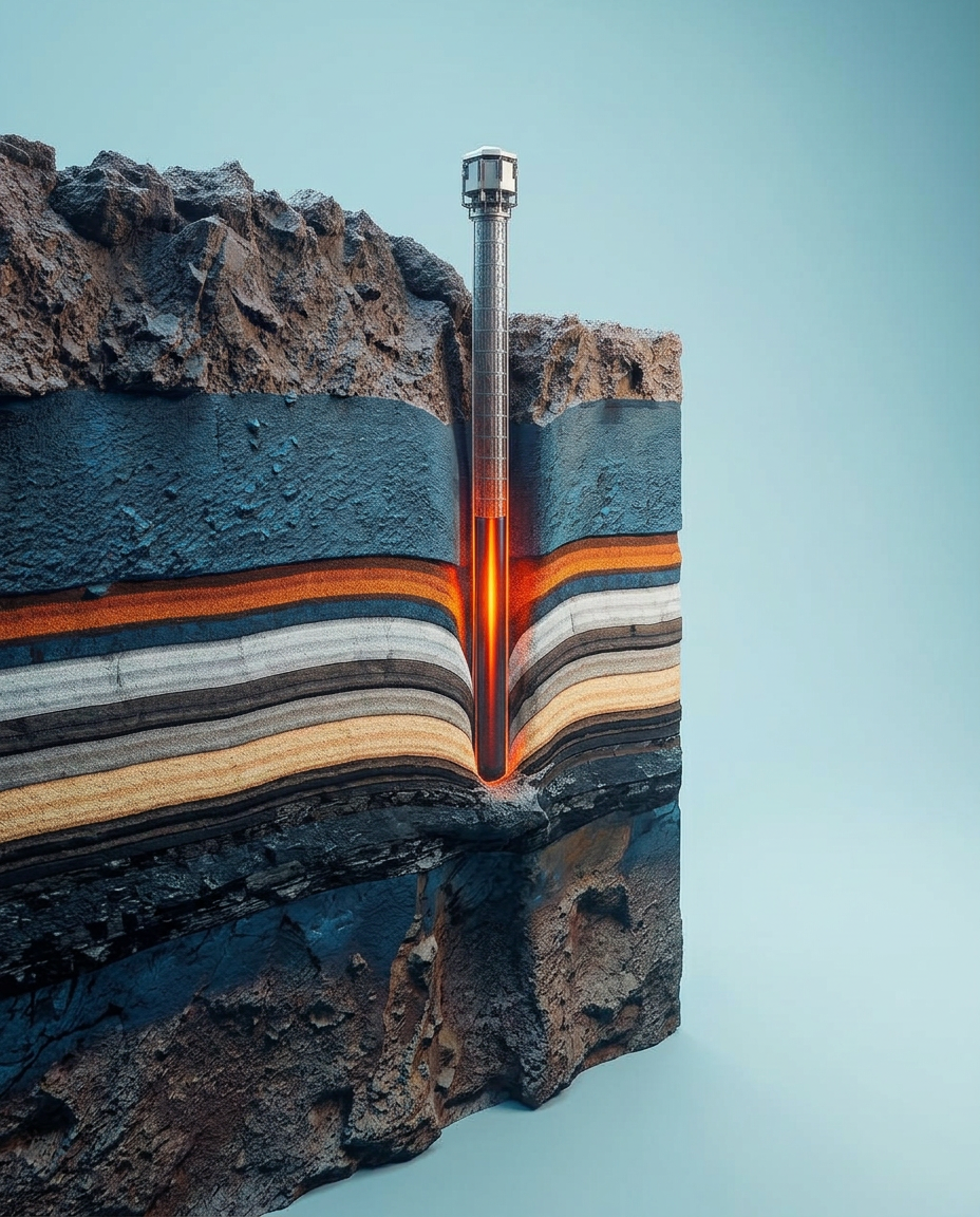 Subsurface cross-section showing a production well reaching deep oil-bearing geological strata